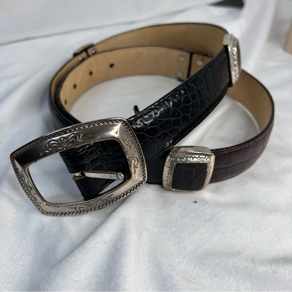 Vintage BRIGHTON Black Brown Belt Stacked Leather Engraved Buckle Adjustable Lg - Picture 9 of 9